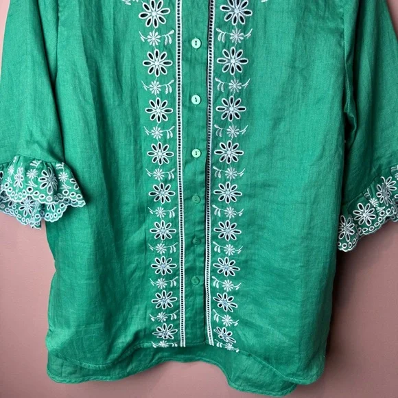 NWT Tuckernuck Hyacinth House Embroidered Linen Montauk Lounge Shirt Green - Picture 4 of 12